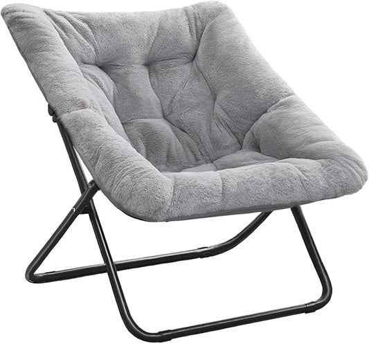 Tiita Comfy Saucer Chair, Soft Faux Fur Oversized Folding Accent Chair, Lounge Lazy Chair for Kids Teens Adults, Metal Frame Moon Chair for Bedroom, Living Room, Dorm Rooms, X-Large, Grey