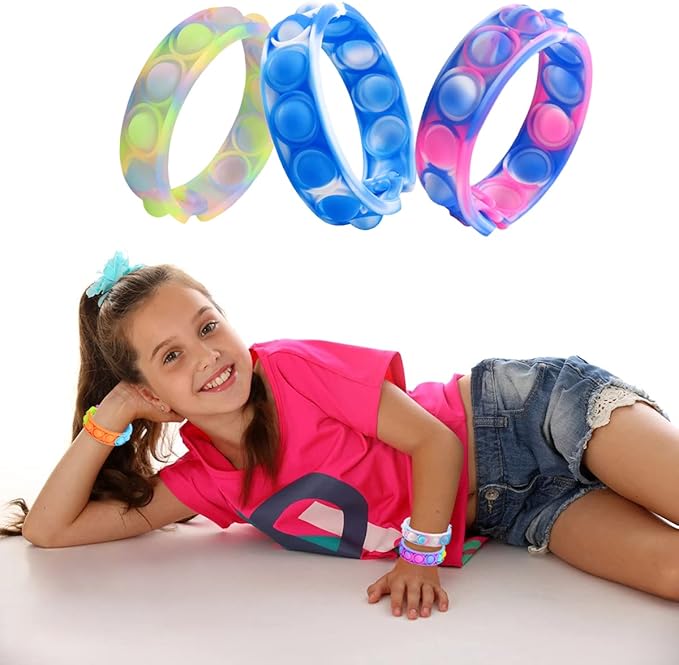 120 Pcs Pop Bracelet Bubble Fidget Toys Pack, Stress Relief Finger Press Silicone Wristband Toy for Party Favors Supplies Classroom Prize Christmas Valentine's Day Gift (Random Color)