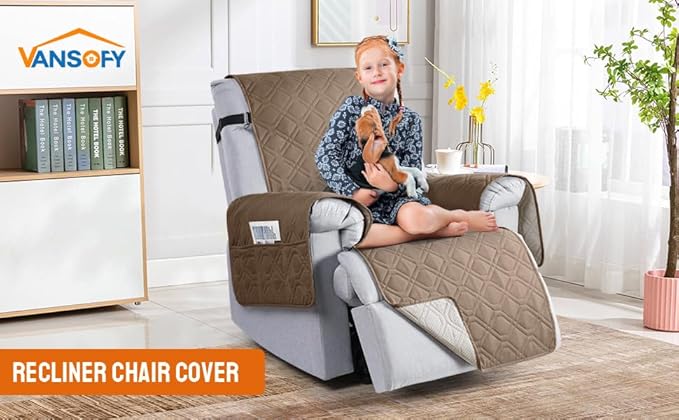 VANSOFY 100% Waterproof Recliner Chair Covers, Recliner Cover Non-Slip Dog Chair Cover Furniture Protector Washable Slipcover with Pocket, Elastic Straps for Pets, Dogs(Light Brown, 28")