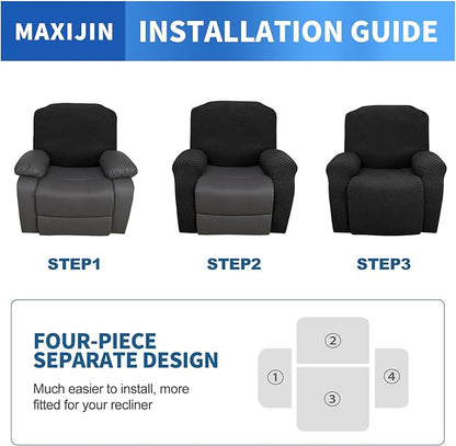 MAXIJIN Recliner Cover Slipcovers for Living Room 4 Pieces Stretch Jacquard Recliner Chair Cover Soft Fitted Recliner Protector with Elastic Bottom for Kids, Pets (Recliner, Black)