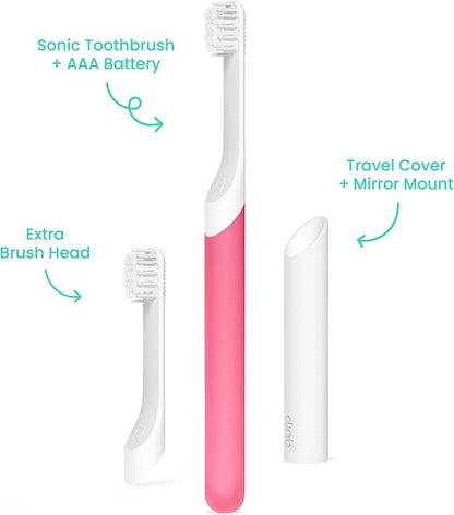 Quip Sonic Toothbrush for Kids with Timer - Includes Extra Brush Head and Travel Cover Mount - Electric, Soft Bristle Refill Head, Rubber Handle, 3 Month Battery Life - Travel Toothbrush - Pink