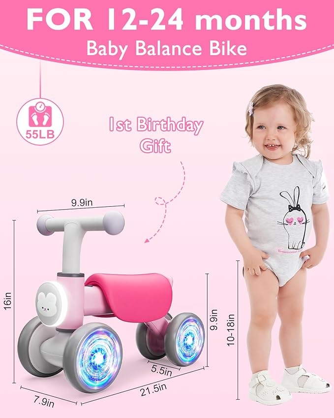 Toddler Toys Balance Bike for 1 Year Old Girl Gifts,4 Wheels Colorful Lighting with Music Baby First Bike,Toddler Girl Toys Balance Bike for 1st 2 Year Old Birthday Gifts