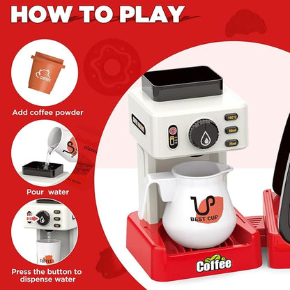 GAGAKU Toy Coffee Maker Machine and Cash Register Kit with Sound Light Kids Kitchen Pretend Play Sets Kitchen Appliances Toy for Boys Girls-Red