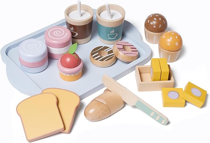 21pcs Wooden Breakfast Set Kids Pretend Play Toy Kitchen Accessories, Toddler Kitchen Playset with Coffee, Dessert, Cutting Bread, Butter, Wooden Toy Food Set Boys & Girls Birthday Gift
