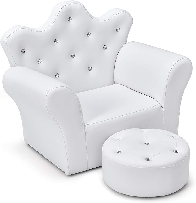 Costzon Kids Sofa, Children Upholstered Sofa with Ottoman, Princess Sofa with Diamond Decoration, Smooth PVC Leather Toddler Chair, Kids Couch for Boys and Girls, Gift for Toddlers (White)