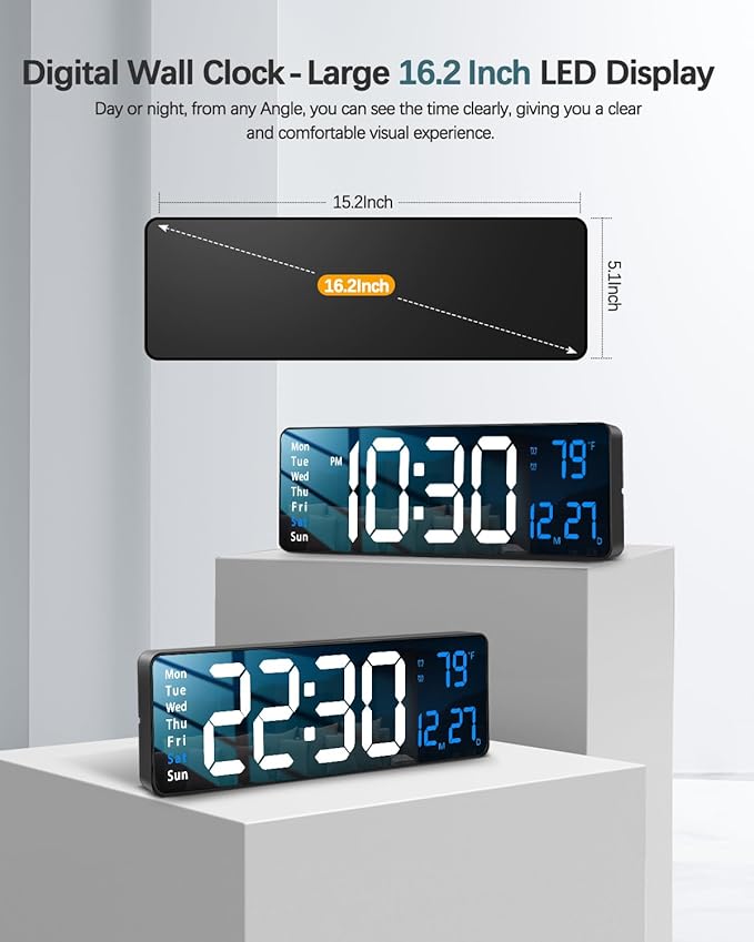 JoFomp Modern 16" Large Digital Wall Clock with Remote Control, LED Display, Auto-Dimming, Countdown, Temperature, Calendar - 12/24Hr Format - Silent Wall Clock for Home, Office, or Gym Use (Blue)