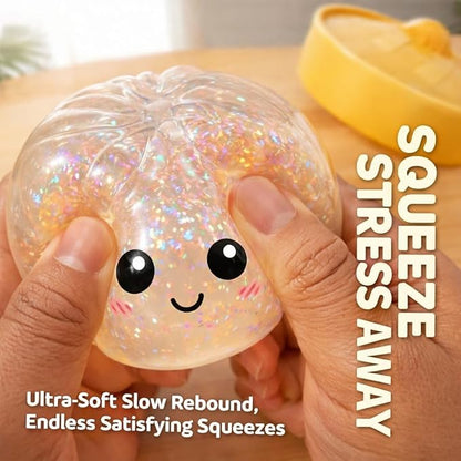 Glitter Dumpling Squishy, 2026 New Bun Squeeze Stress Relief Ball with Steamer Box for Stress Relief, More Surprises (Blue)
