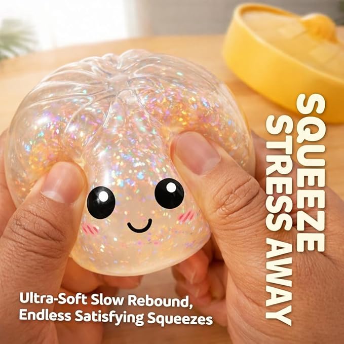 Glitter Dumpling Squishy, 2026 New Bun Squeeze Stress Relief Ball with Steamer Box for Stress Relief, More Surprises (Yellow)