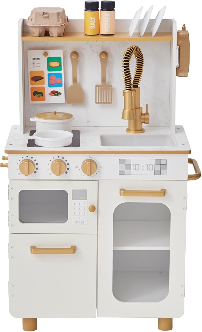 Teamson Kids Little Chef Memphis Wooden Play Kitchen with Interactive, Realistic Features, and 16 Kitchen Accessories for 3yrs and up, Light Oak/Faux White Marble/Gold