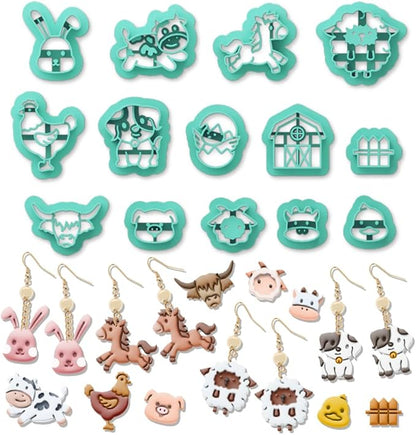 ORIGACH 14 Pcs Farm Animal Clay Cutters, Animal Shape Polymer Clay Cutter for Earring Making, Cow Rabbit Chicken Pig Lion Farm House Clay Cutters for Jewelry Making