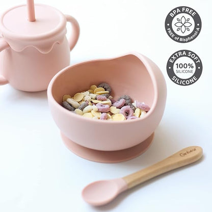 Ginbear Baby Bowls with Suction, Silicone Bibs, Baby Spoons, Baby Led Weaning Supplies, Toddler Feeding Set for Ages 6 Months+ (Baby Pink)