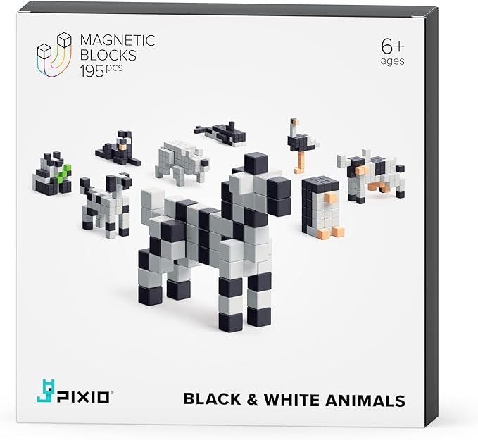 PIXIO Magnetic Cubes - Black & White Animals - Magnetic Cubes Building Toys in Pixel Art Style - Animal Figures - Arts and Crafts Kids Toys - Building Blocks - Learning Toys - 195 pcs