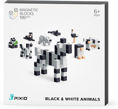 PIXIO Magnetic Cubes - Black & White Animals - Magnetic Cubes Building Toys in Pixel Art Style - Animal Figures - Arts and Crafts Kids Toys - Building Blocks - Learning Toys - 195 pcs