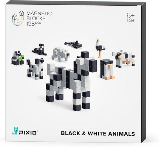 PIXIO Magnetic Cubes - Black & White Animals - Magnetic Cubes Building Toys in Pixel Art Style - Animal Figures - Arts and Crafts Kids Toys - Building Blocks - Learning Toys - 195 pcs