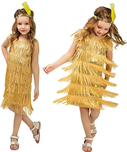 IDOPIP Kids Girls 1920s Flapper Dress Vintage Sequins Fringe Gatsby Halloween Party Dress up with Feather Headband Costumes