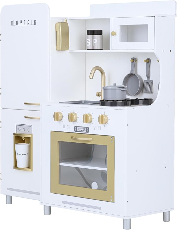 Teamson Kids - Children Play Kitchen Sets, Toddler Girls Pretend Kitchen Set Ages 2-6, Kitchen Toys for Kids Ages 4-8, Little Chef Mayfair Classic Kids Kitchen Playset with 11 Accessories - White/Gold