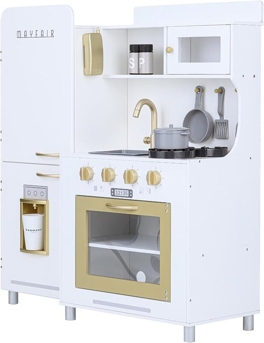 Teamson Kids - Children Play Kitchen Sets, Toddler Girls Pretend Kitchen Set Ages 2-6, Kitchen Toys for Kids Ages 4-8, Little Chef Mayfair Classic Kids Kitchen Playset with 11 Accessories - White/Gold