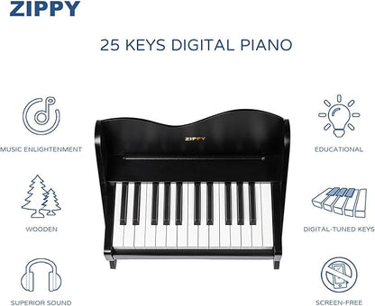 ZIPPY Kids Piano Keyboard, 25 Keys Digital Piano for Kids, Volume Adjustable, Mini Music Educational Instrument Toy, Wood Toy for Toddlers Girls Boys (Black)