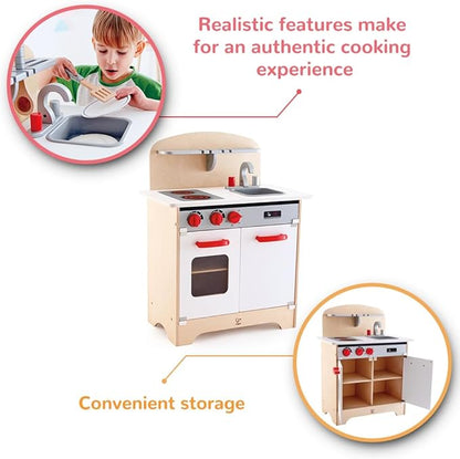 Hape Gourmet Kitchen Toy Fully Equipped Wooden Pretend Play Kitchen Set with Sink, Stove, Baking Oven, Cabinet, Turnable Knobs & Spice Shelf, Red