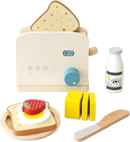 PairPear Pop up Toaster Play Kitchen Playset - Wooden Toy Food 11 Accessories for Kids