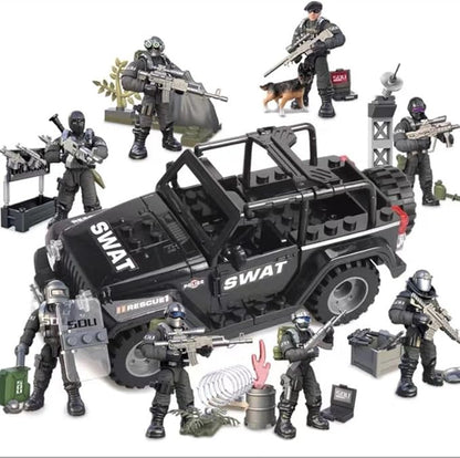 8 PCS Building Block City Policeman Mini-Figures with Multiple Military Weapons Accessories SWAT Equipment Military Vehicle Army Car Assembly Building Toys Gift for Boys