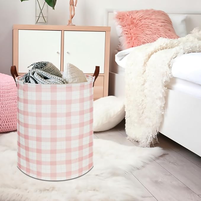 CLOCOR Kids Laundry Basket,Waterproof Baby Boys Nursery Hamper,Collapsible Fabric Storage Container,Toys Bin,Room Decor,Gift Basket（Pink Grid