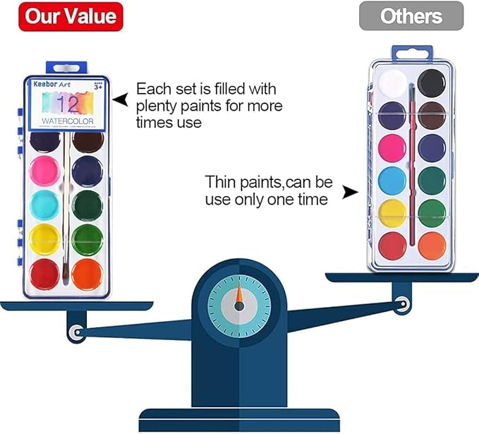 12 Colors Watercolor Paint Set for Kids, 24 Pack Washable Water Colors for Party Favors, Gifts, Classroom Supplies (Wood Brushes Included)