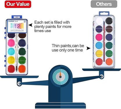 12 Colors Watercolor Paint Set for Kids, 24 Pack Washable Water Colors for Party Favors, Gifts, Classroom Supplies (Wood Brushes Included)