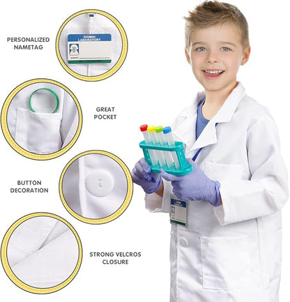 Scientist Costume for Kids, Lab Coat with Science Experiment Kit, Dress Up & Pretend Play for Boys Girls Ages 4 to 8 Years Old