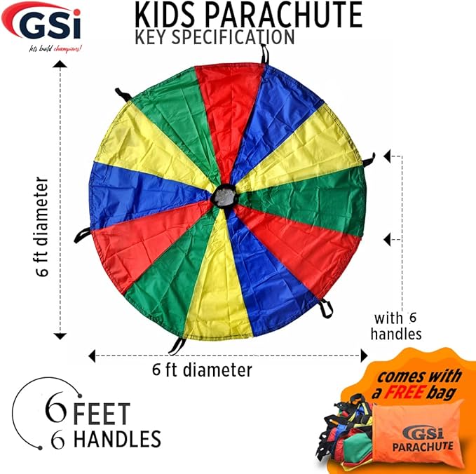 GSi Kids Play Parachute Rainbow Parachute Toy Tent Game for Kids Gymnastics Cooperative Play and Outdoor Playground Activities (6 Feet)