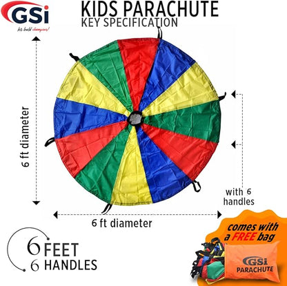 GSi Kids Play Parachute Rainbow Parachute Toy Tent Game for Kids Gymnastics Cooperative Play and Outdoor Playground Activities (6 Feet)