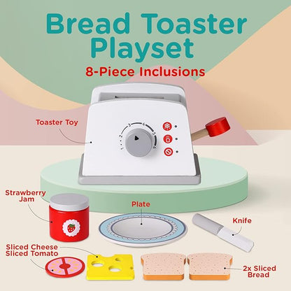 Play Brainy Pop Up Kid’s Toaster Toy with Kitchen Accessories, 8 Pc. Set, Interactive Early Learning Wood Playset with Wooden Bread, Plate, and Utensil, Girls and Boys 3+