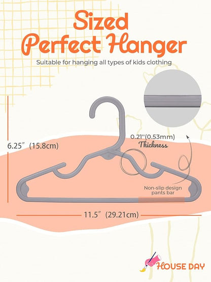 HOUSE DAY Kids Plastic Hangers for Closet, Childrens Hangers for Clothes & Baby Hangers, Toddler, and Child Clothes - Clothing, Pants, Coats, and More - Ideal for Everyday Use (Grey, 120 Pack)
