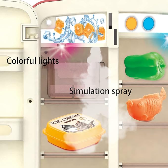 Kitchen Toys Fridge Refrigerator with Ice Dispenser Pretend Play Appliance for Kids, Play Kitchen Set with Kitchen Playset Accessories for Boys & Girls Music and Light