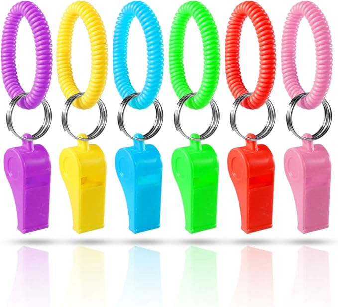 PRLOSO 24 Pieces Whistle Bracelets with Keychain for Kids Party Favors Noisemaker Plastic Sports Party Whistle Toys Bulk