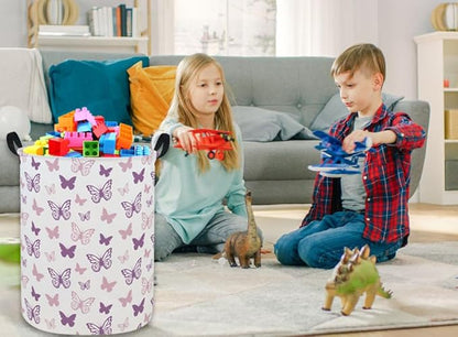 ESSME Butterfly Laundry Basket,Kids Hamper Collapsible Canvas Waterproof Storage Bin for Girls, Nursery Hamper,Gift Baskets,toy bins(Purple Butterfly)