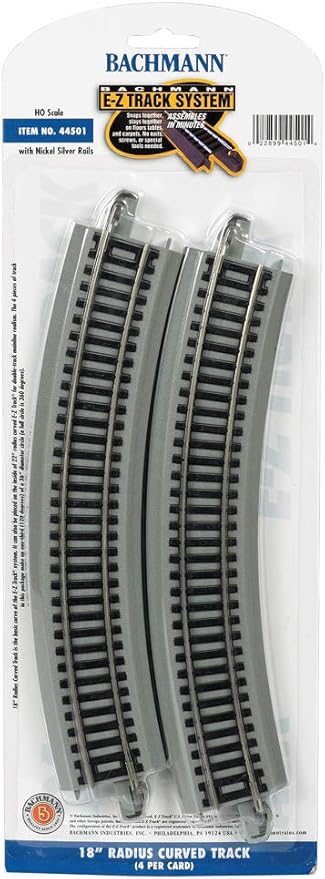 Bachmann Trains - Snap-Fit E-Z TRACK 18” RADIUS CURVED TRACK (4/card) - NICKEL SILVER Rail With Gray Roadbed - HO Scale , Grey