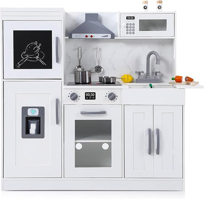 White Wooden Play Kitchen Set, Kitchen Playset with Cookware Accessories, Microwave, Oven, Sink, Real Lights & Sounds - Perfect for Chef Pretend Play