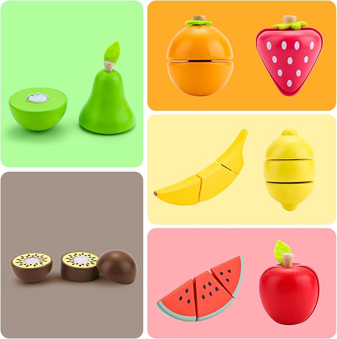 Cutting Fruit Set - Wooden Play Food Kitchen Accessory, Multi - Pretend Play Accessories, Wooden Cutting Fruit Toys for Toddlers and Kids Ages 3+