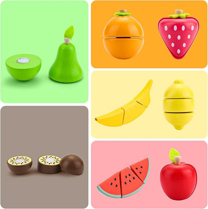 Cutting Fruit Set - Wooden Play Food Kitchen Accessory, Multi - Pretend Play Accessories, Wooden Cutting Fruit Toys for Toddlers and Kids Ages 3+