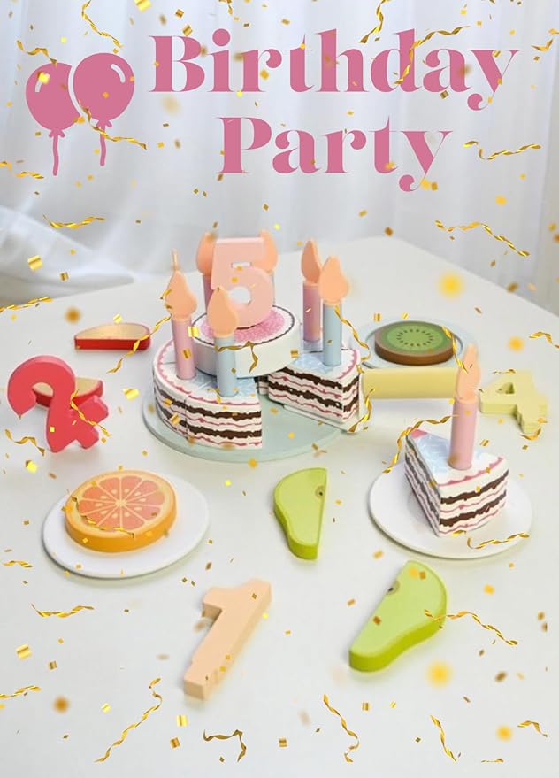 Wooden Birthday Cake Toy Set for Kids, 33 PCS Pretend Play Food, 5" Cake with Candles Fresh Fruit Plate Number 1-5, Wooden Play Kitchen Accessories