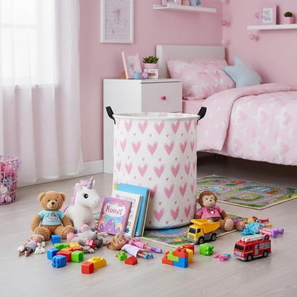 HIYAGON Baby Laundry Basket Baby Hamper for Nursery Girl Kids Butterfly Hamper Cute Kids Toys Storage Bin Organizer Butterfly Room Decor for Home(Pink Hearts)