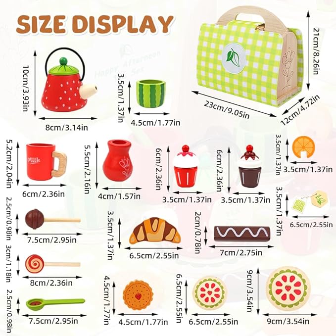 Wooden Tea Party Set for Toddler - Wooden Tea Set Pretend Role Play Kitchen Toy with Carrying Case, 3-5 Year Old Kids Girls Boys Birthday