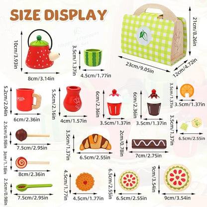 Wooden Tea Party Set for Toddler - Wooden Tea Set Pretend Role Play Kitchen Toy with Carrying Case, 3-5 Year Old Kids Girls Boys Birthday