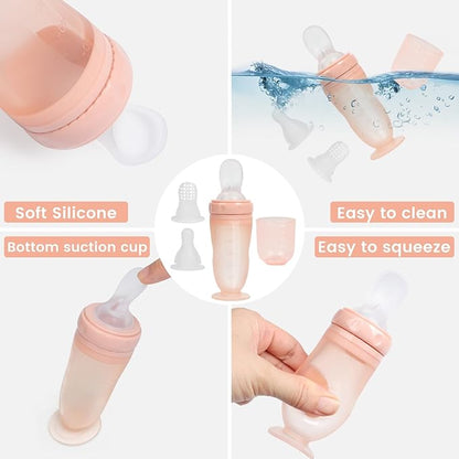 Baby Multifunctional Complementary Food Bottle, Silicone Milk Bottle 3-in-1, Including Dispensing Spoon, Regular Nipple and Fruit Puree Feeding Nipple, Auxiliary Weaning Bottle