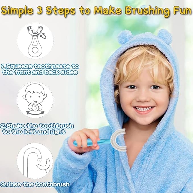 YOTEE U-Shaped Toothbrush Kids 2 PCS - Toddler Toothbrush with Food Grade Soft Silicone Brush Head, Manual Whole Mouth Toothbrush for Kids Age 6-12(Purple+Yellow), 360°Oral Teeth Cleaning