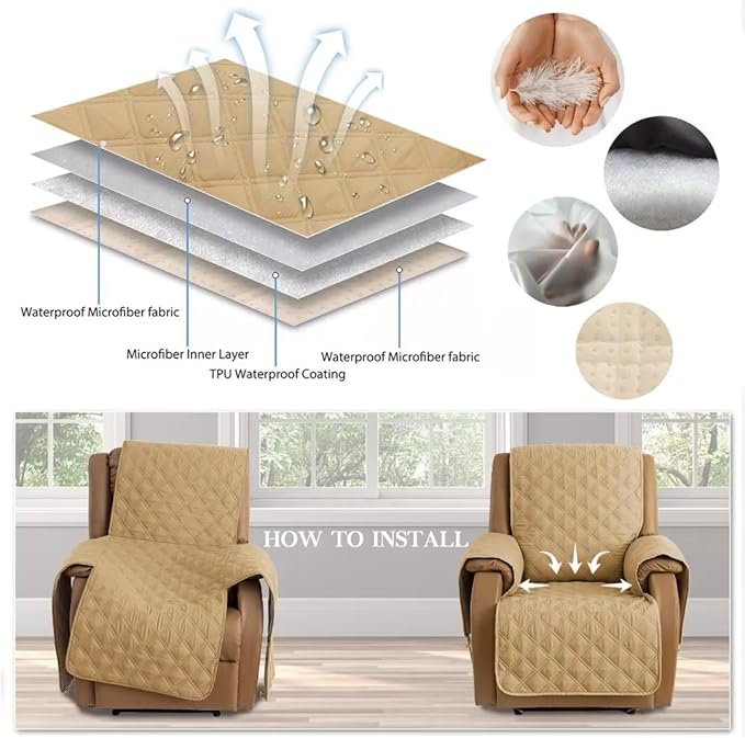 TOMORO Non-Slip Quilted Recliner Cover, 100% Waterproof Recliner Chair Slipcover Furniture Protector with Pockets, Washable Couch Cover with Elastic Straps for Kids and Pets，23 Inch