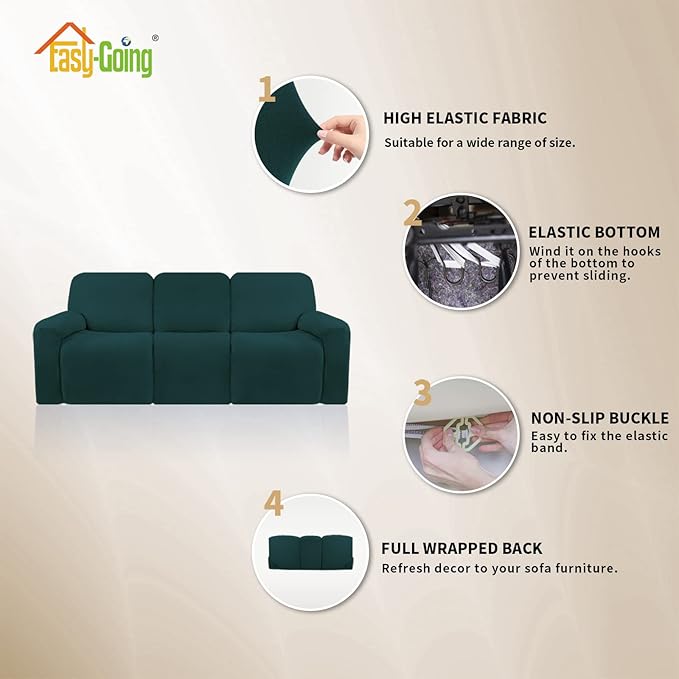Easy-Going 8 Pieces Microfiber Stretch Sectional Recliner Sofa Slipcover Soft Fitted Fleece 3 Seats Couch Cover Washable Furniture Protector with Elasticity for Kids Pet(Recliner Sofa, Deep Teal)