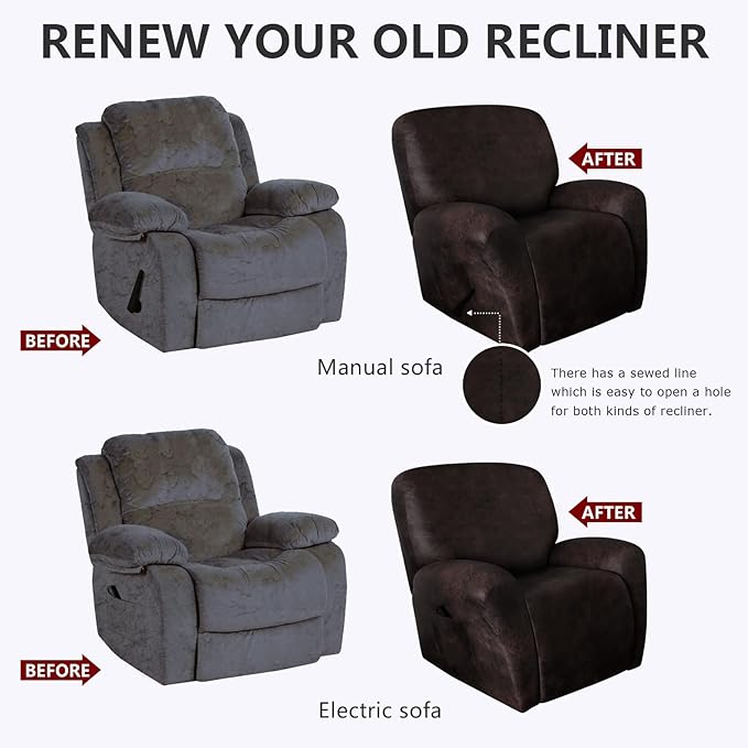 molasofa Recliner Chair Covers - 4 Pieces Leather Like Large Recliner Chair Covers with Pocket Waterproof Non Slip Stretch Recliner Slipcover for Lazy Boy Recliner Chair Washable (Chocolate)