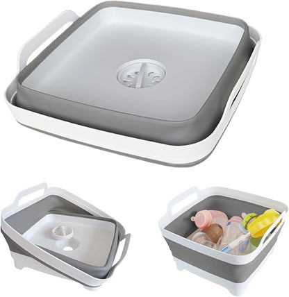 GIMWA Collapsible Wash Basin with Drain Plug - 2.4 Gallon Foldable Kitchen Sink for Baby Bottles, RV Camping, Space-Saving Dish Tub (Gray)